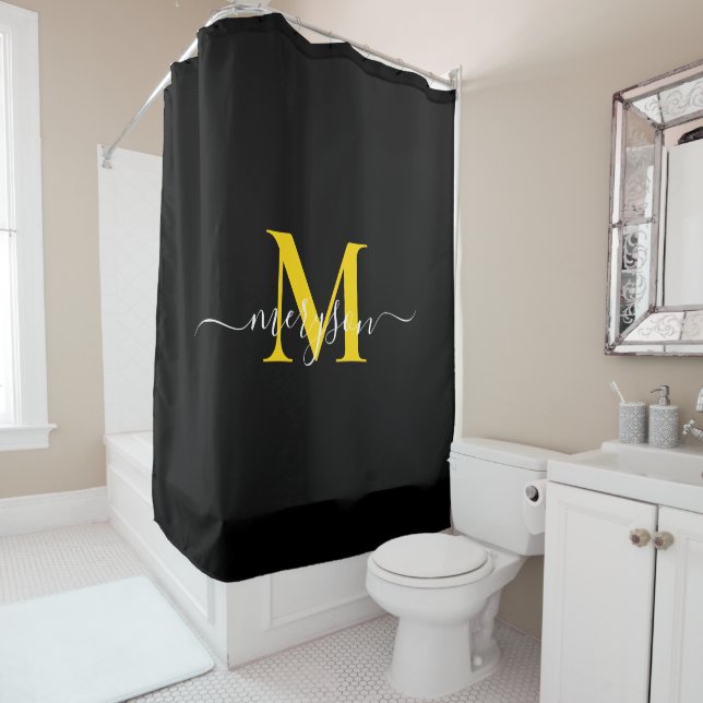 Feminine Black Gold Script, Elegant Monogram Name Shower Curtain (In Situ)