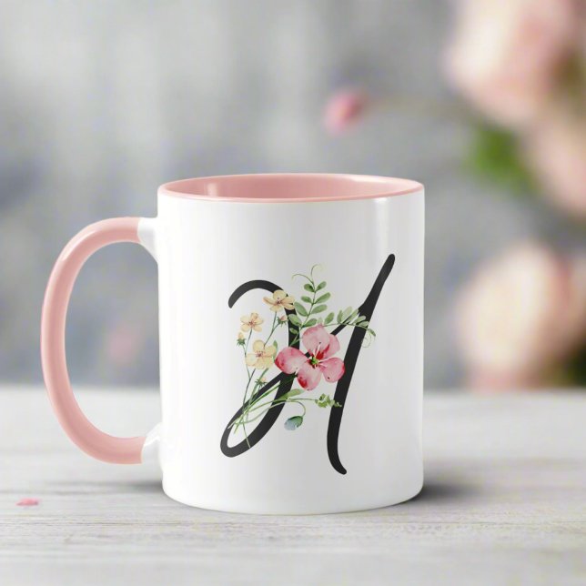  Feminine Black Script Letter " H" Flowers Pink Mug (Creator Uploaded)