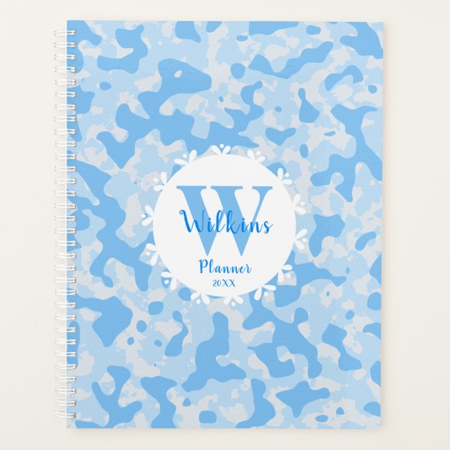 Feminine Blue Camouflage Monogram Design Planner (Front)
