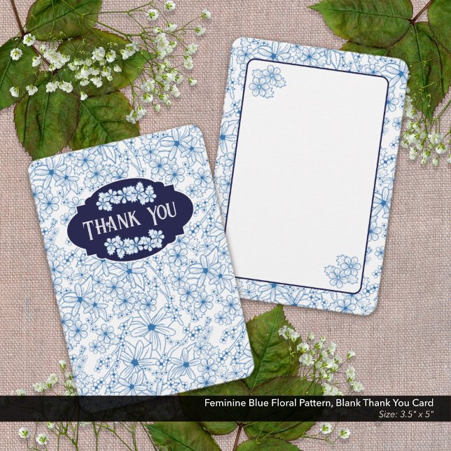 Feminine Blue Floral Pattern, Blank Thank You Card (Blank Thank You Card with Feminine Blue Floral Pattern.)