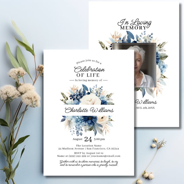 Feminine Blue Flowers Celebration of Life | PHOTO Invitation (Feminine Blue Flowers Celebration of Life  PHOTO Invitation)