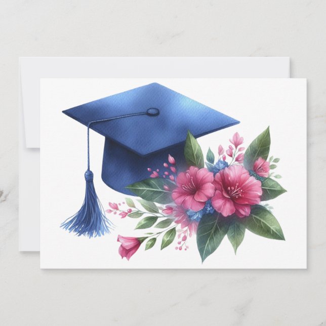 Feminine Blue Graduation Cap and Pink Flowers Thank You Card (Front)