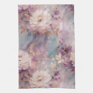 Feminine Blue White Gold Purple Floral Tea Towel