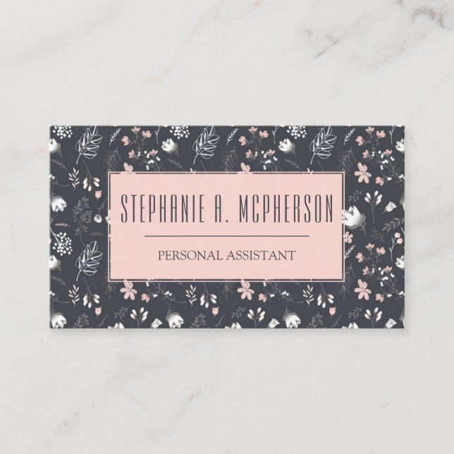 Feminine Blush & Charcoal Floral Print Business Card (Front)