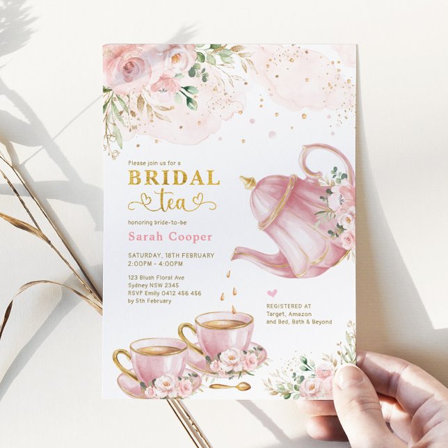 Feminine Blush Gold Floral Bridal Shower Tea Party Invitation (Creator Uploaded)