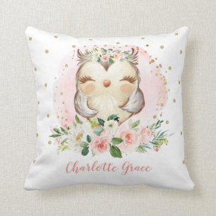Feminine Blush Gold Floral Owl Girl Nursery Cushion