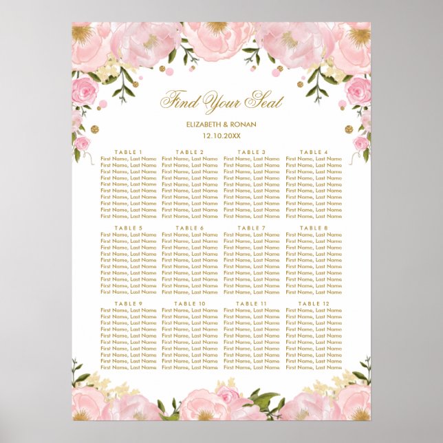 Feminine Blush Gold Floral Wedding Seating Chart (Front)