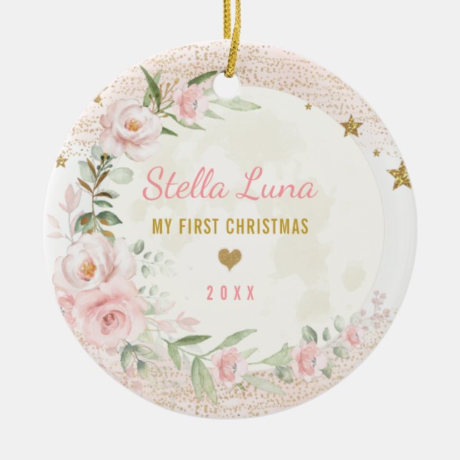 Feminine Blush Gold Moon Stars Baby 1st Christmas Ceramic Ornament (Front)