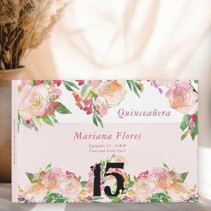 Feminine Blush Pink and Gold Floral 15th Birthday Guest Book