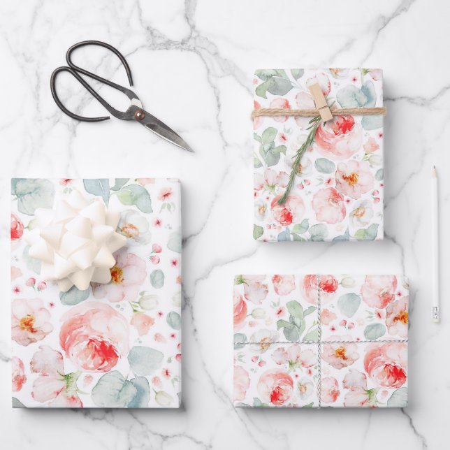 Feminine Blush Pink and White Watercolor Floral  Wrapping Paper Sheet (Front)