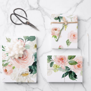 Feminine Blush Pink and White Watercolor Floral Wrapping Paper Sheet