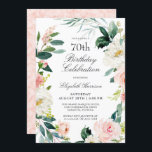 Feminine Blush Pink Floral 70th Birthday Party Invitation<br><div class="desc">A beautifully feminine 70th birthday party invitation framed in a wreath of blush pink and white watercolor roses and trailing greenery. The colour combinations are both feminine and cheerful to prepare your guests for a happy celebration. Personalise with your event details by replacing the sample text shown in the design...</div>