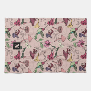 Feminine Blush Pink Floral Hummingbird Garden Tea Towel