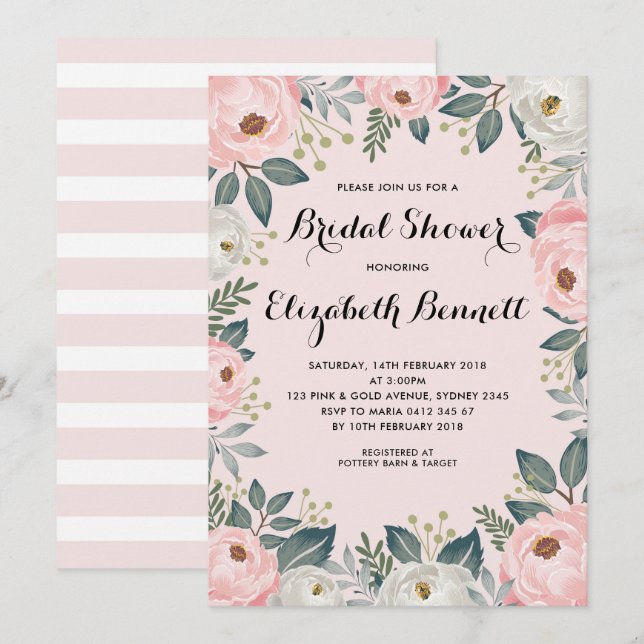 Feminine Blush Pink  Floral Peony Bridal Shower Invitation (Front/Back)