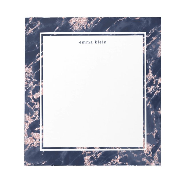 Feminine Blush Pink Glitter Navy Blue Marble Name Notepad (Front)