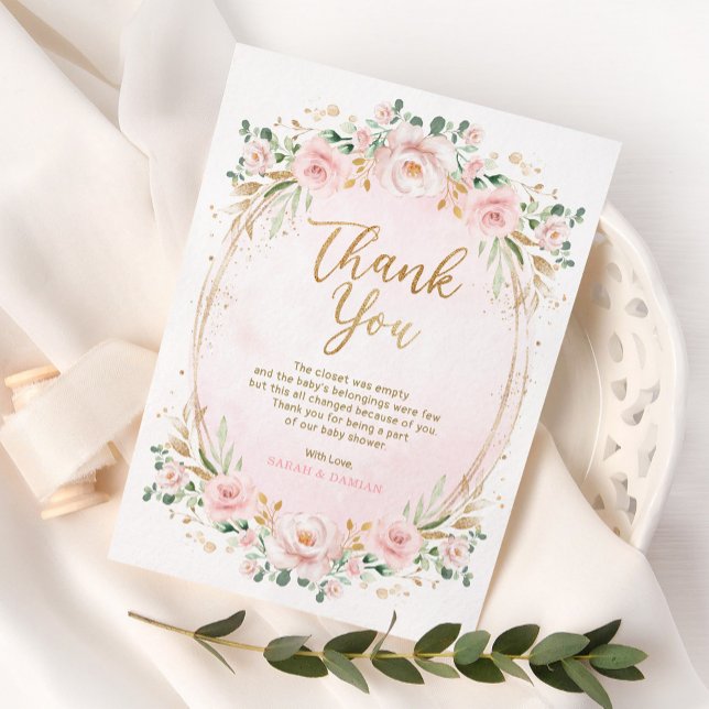 Feminine Blush Pink Gold Floral Baby Girl Shower Thank You Card (Creator Uploaded)