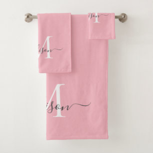 Feminine Blush Pink Grey Monogram Script Name Chic Bath Towel Set