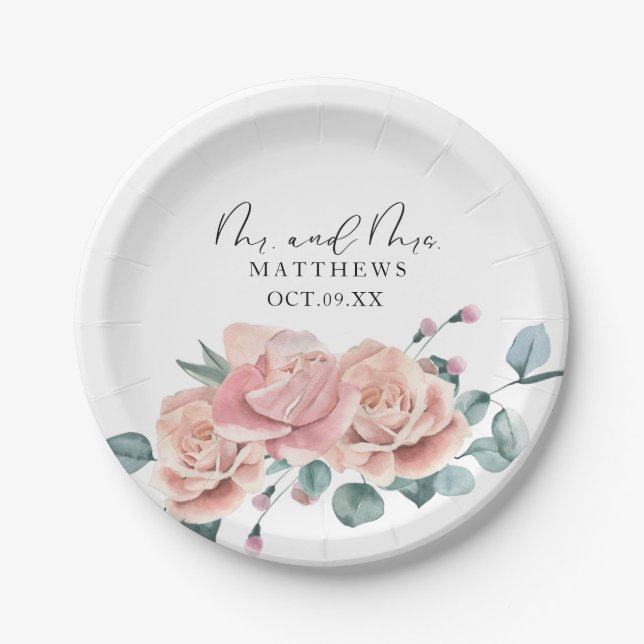 Feminine Blush Pink mr and mrs  Paper Plate (Front)
