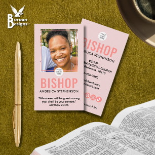 Feminine Blush Pink Photo QR Logo Church Bishop Business Card