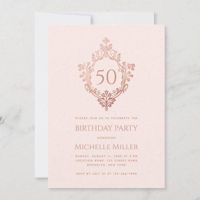 Feminine Blush Pink Rose Gold Crest 50th Birthday Invitation (Front)