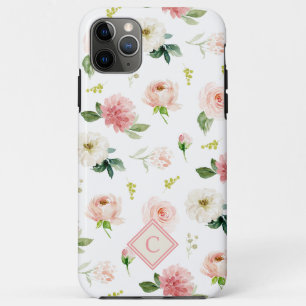 Feminine Blush Pink Roses Pattern with Monogram iPhone 11 Pro Max Case