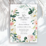 Feminine Blush Rose Floral 30th Birthday Party Invitation<br><div class="desc">A beautifully feminine 30th birthday party invitation framed in a wreath of blush pink and white watercolor roses and trailing greenery. The colour combinations are both feminine and cheerful to prepare your guests for a happy celebration. Personalise with your event details by replacing the sample text shown in the design...</div>