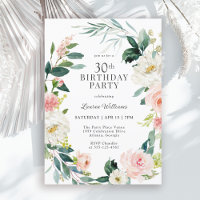 Feminine Blush Rose Floral 30th Birthday Party