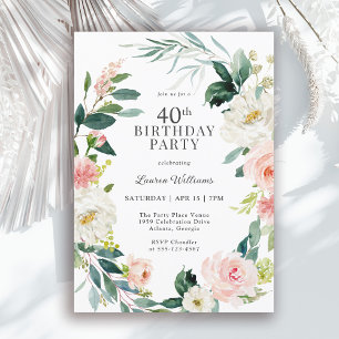 Feminine Blush Rose Floral 40th Birthday Party Invitation