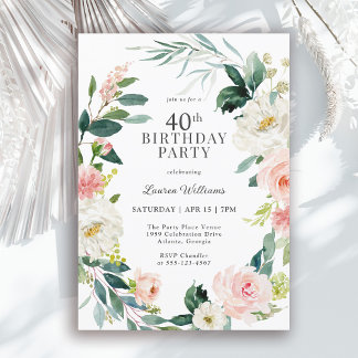 Feminine Blush Rose Floral 40th Birthday Party Invitation