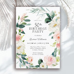 Feminine Blush Rose Floral 50th Birthday Party Invitation<br><div class="desc">A beautifully feminine 50th birthday party invitation framed in a wreath of blush pink and white watercolor roses and trailing greenery. The colour combinations are both feminine and cheerful to prepare your guests for a happy celebration. Personalise with your event details by replacing the sample text shown in the design...</div>