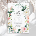 Feminine Blush Rose Floral 60th Birthday Party Invitation<br><div class="desc">A beautifully feminine 60th birthday party invitation framed in a wreath of blush pink and white watercolor roses and trailing greenery. The colour combinations are both feminine and cheerful to prepare your guests for a happy celebration. Personalise with your event details by replacing the sample text shown in the design...</div>