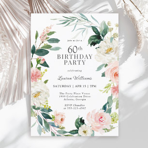 Feminine Blush Rose Floral 60th Birthday Party Invitation