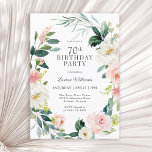 Feminine Blush Rose Floral 70th Birthday Party Invitation<br><div class="desc">A beautifully feminine 70th birthday party invitation framed in a wreath of blush pink and white watercolor roses and trailing greenery. The colour combinations are both feminine and cheerful to prepare your guests for a happy celebration. Personalise with your event details by replacing the sample text shown in the design...</div>