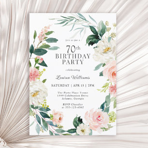 Feminine Blush Rose Floral 70th Birthday Party Invitation