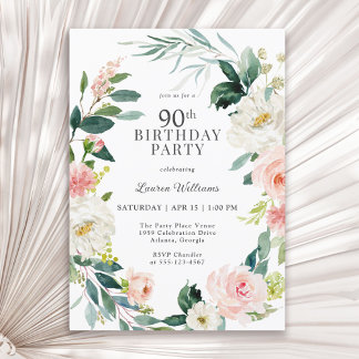 Feminine Blush Rose Floral 90th Birthday Party Invitation