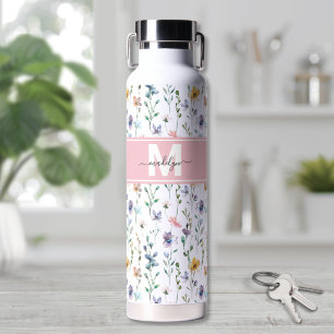 Feminine Boho Botanical Script Monogram Water Bottle
