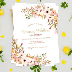 Feminine Boho Roses Floral 80th Birthday Party Invitation