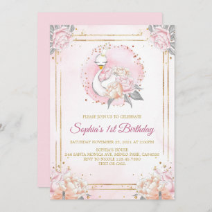 Feminine Boho Swan Princess Pink Blush Birthday Invitation