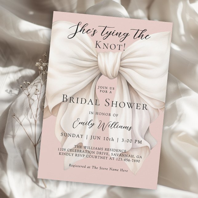 Feminine Bow She's Tying the Knot Bridal Shower Invitation (Available in both printed and instant download digital formats.)