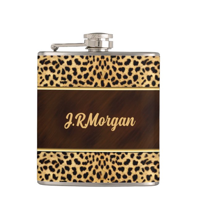 Feminine Cheetah Print with Name Hip Flask (Front)