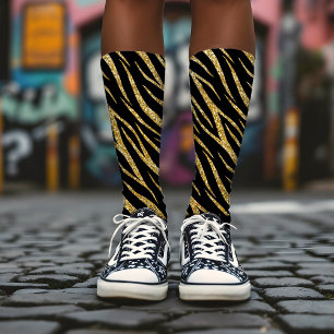 Feminine Chic Luxury Black Gold Classy Zebra Print Socks