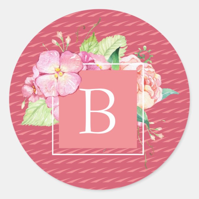 Feminine Chic Monogrammed Initial Abstract Floral Classic Round Sticker (Front)