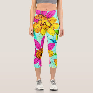 Feminine colourful floral Blue background cute Capri Leggings