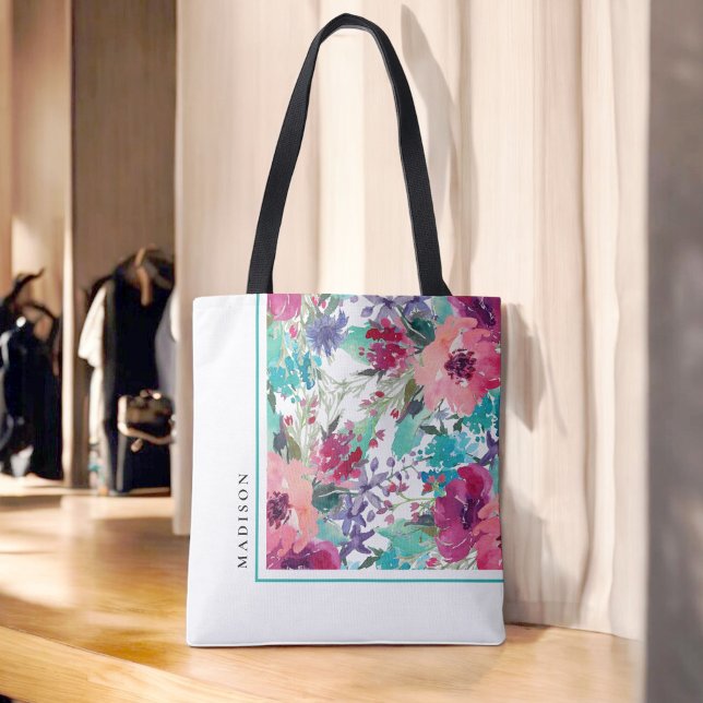 Feminine Colourful Watercolor Floral Pattern Tote Bag (Personalize with your name.)