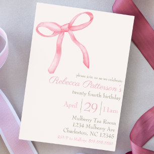 Feminine Coquette Watercolor Pink Cute Bow Invitation