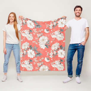 Feminine Coral Blossom White Floral Pattern Fleece Blanket