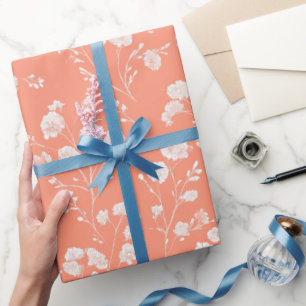 Feminine Coral Blossom White Floral Pattern Wrapping Paper