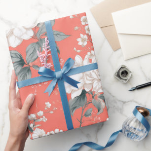 Feminine Coral Blossom White Floral Pattern Wrapping Paper