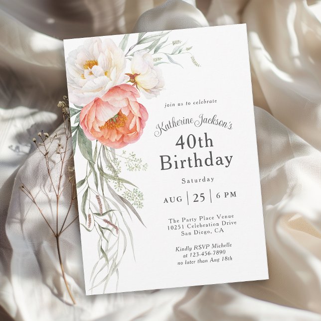 Feminine Coral Peach Floral 40th Birthday Invitation (Available in both printed and instant download digital formats.)