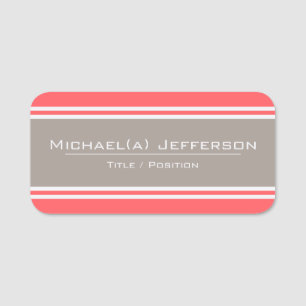 Feminine Coral Pink And Elegant Grey White Striped Name Tag